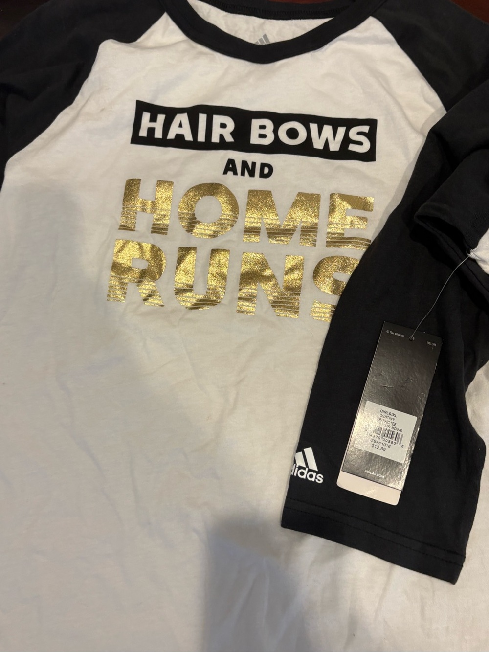 adidas White, Black & Gold Graphic Long Sleeve Tee - "Hair Bows and Home Runs"